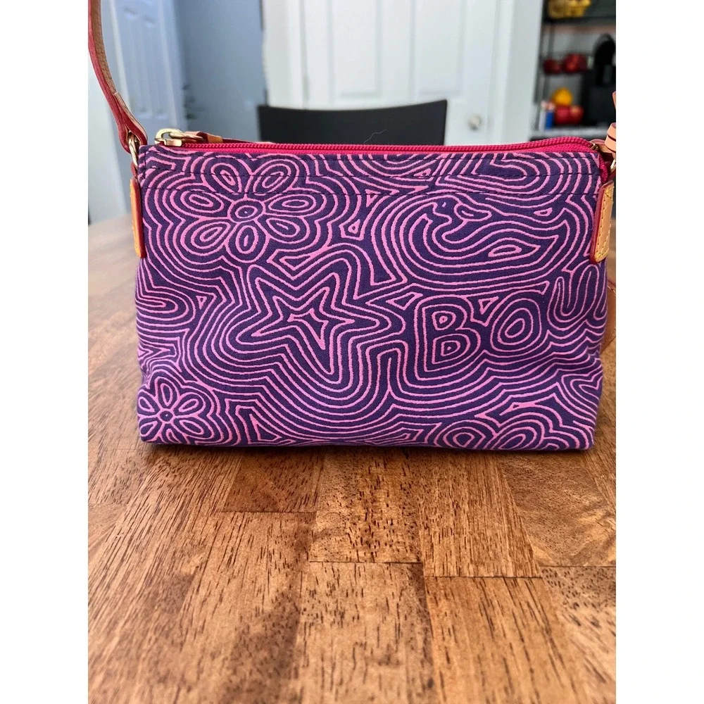 Dooney & Bourke Doodle Print Canvas Small Shoulder Bag Purple Pink Vachetta Trim